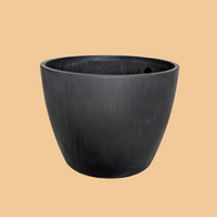Black planter pot on a plain background.