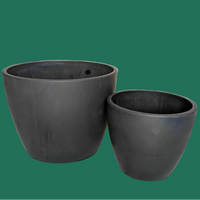 Two black plant pots for houseplants against a green background.