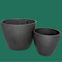 Two black plant pots for houseplants against a green background.