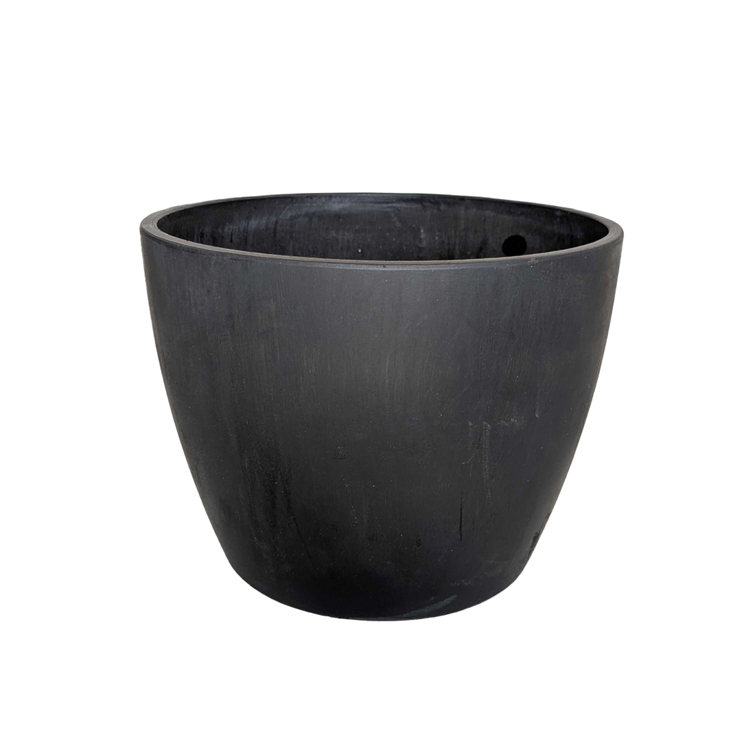 Black planter pot on a plain background.