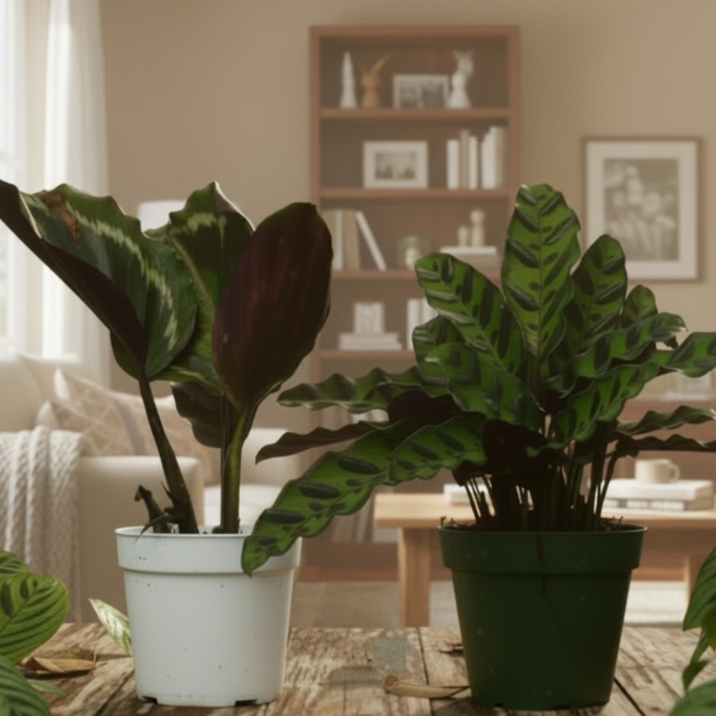 Two potted Calathea plants in white and green pots on a peach background by House of Agave.