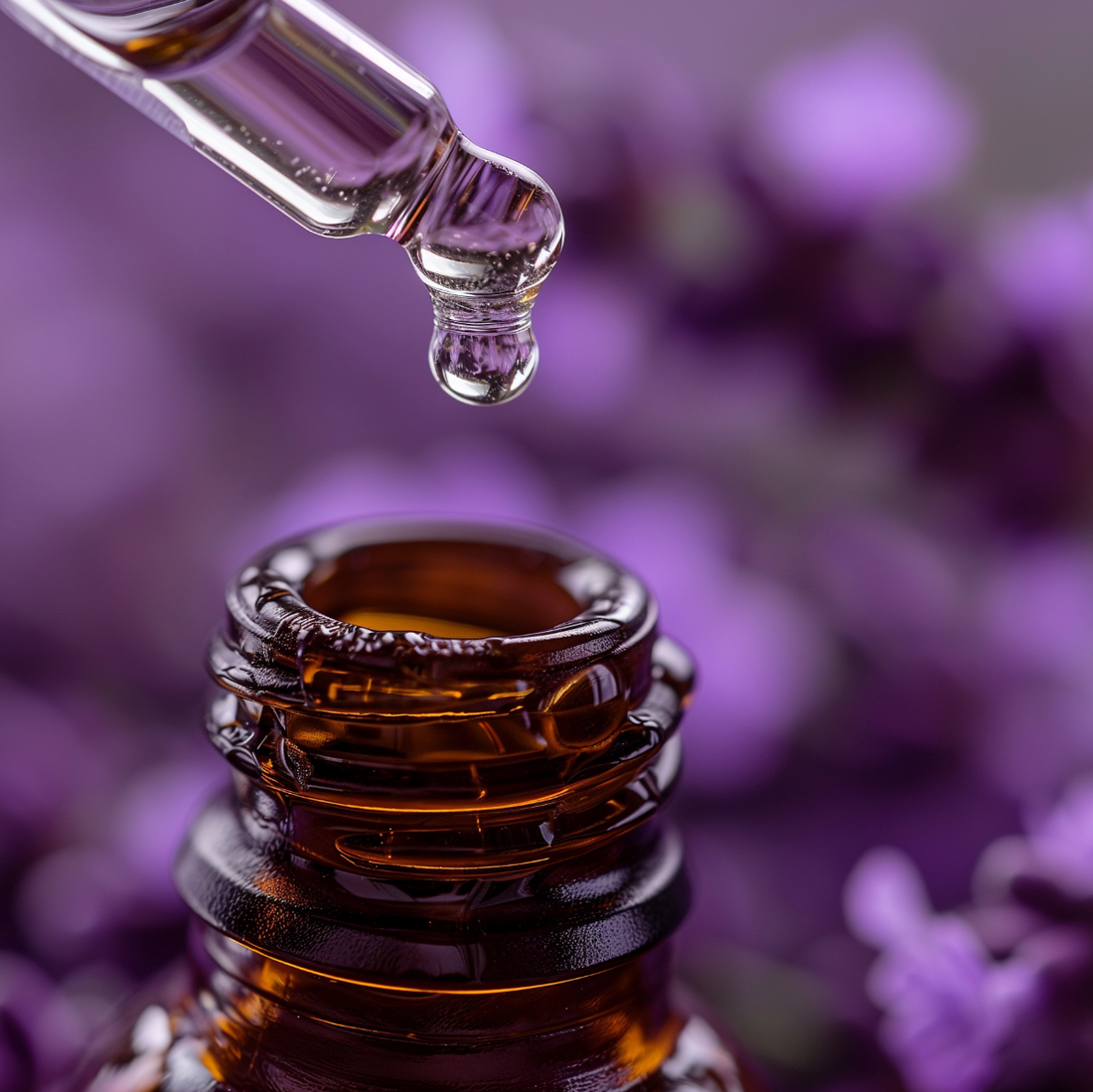 Bottle of premium lavender essential oil with a dropper over lavender flowers in the background.