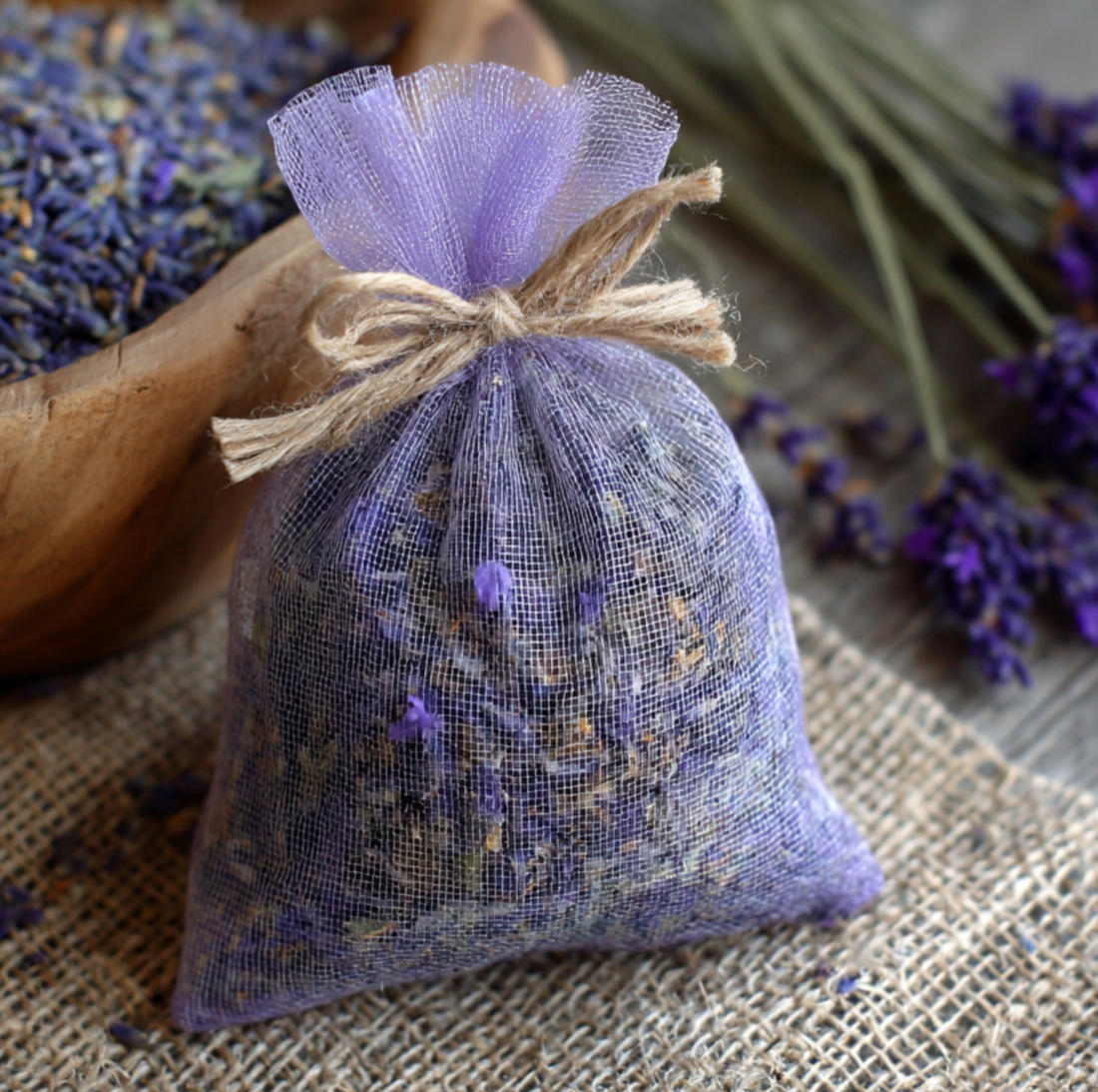 Sachet of dried lavender buds  tied with twine on a rustic background with lavender flowers surrounding the sachet.