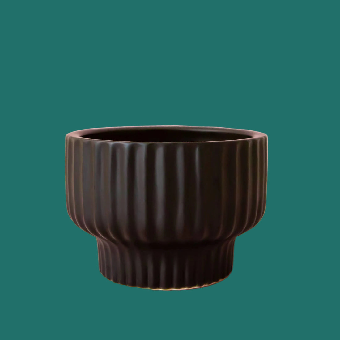 Black ribbed ceramic planter on a green background by House of Agave.